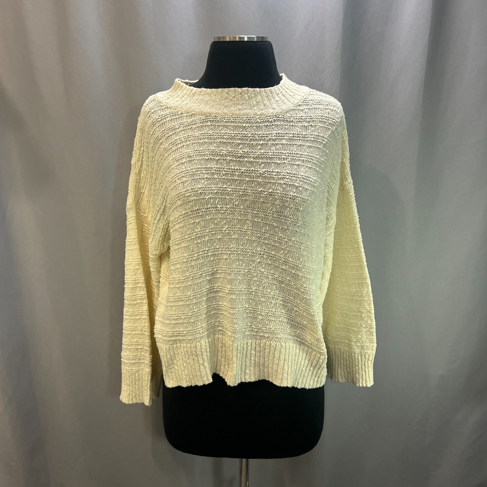Rip Curl Bella Sweater Women XS Beige Cotton Textured Knit Ribbed Trim Crew Neck